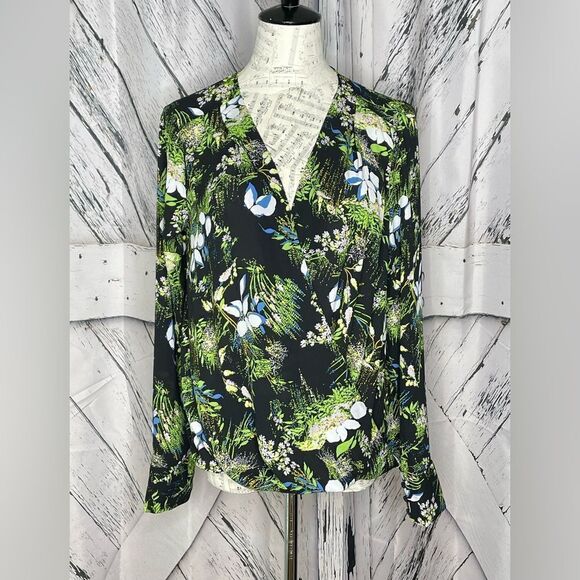 HALOGEN Cross Front Blouse Black Floral Size M - Picture 1 of 7